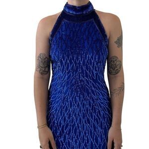 Vintage Laurence Kazar 1980s Blue Sequin Beaded Halter Prom Evening Maxi Dress M